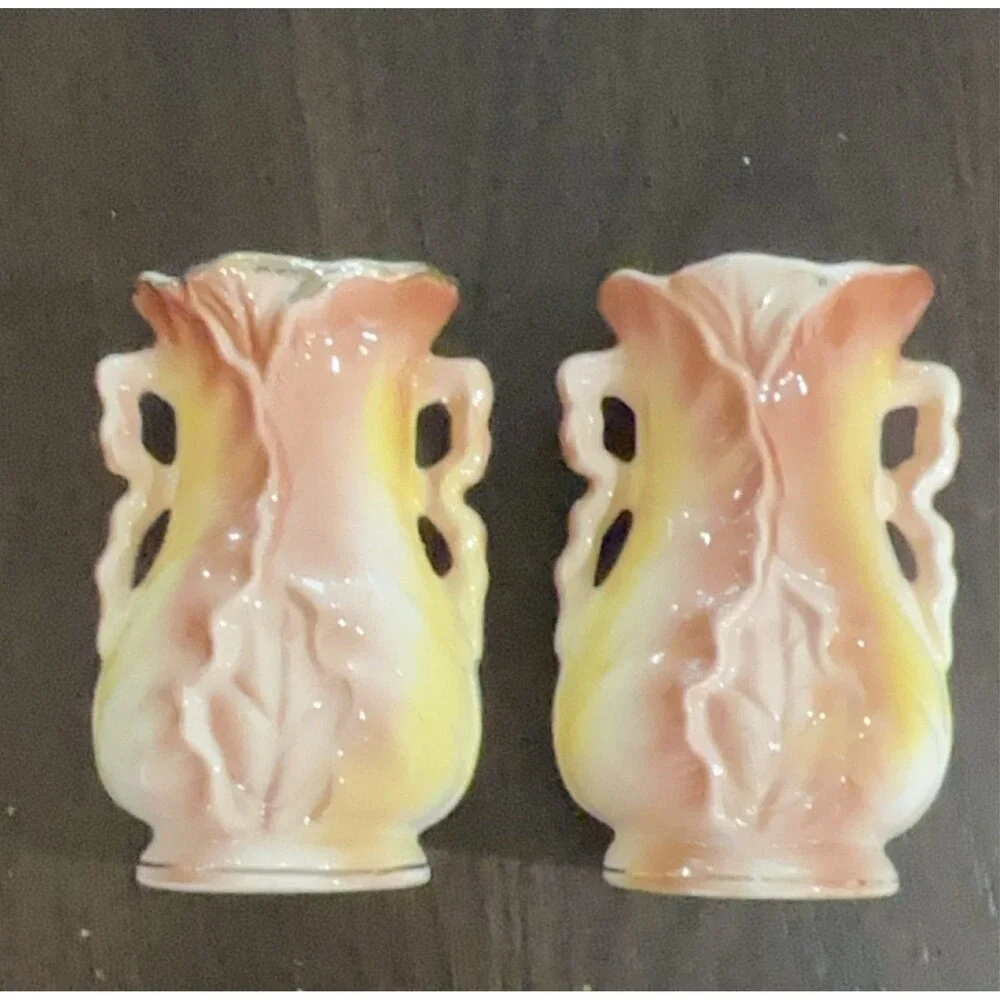 Set/2 Lipper Mann Floral Candle Holders Pink Yellow White Gold Ceramic Japan 3